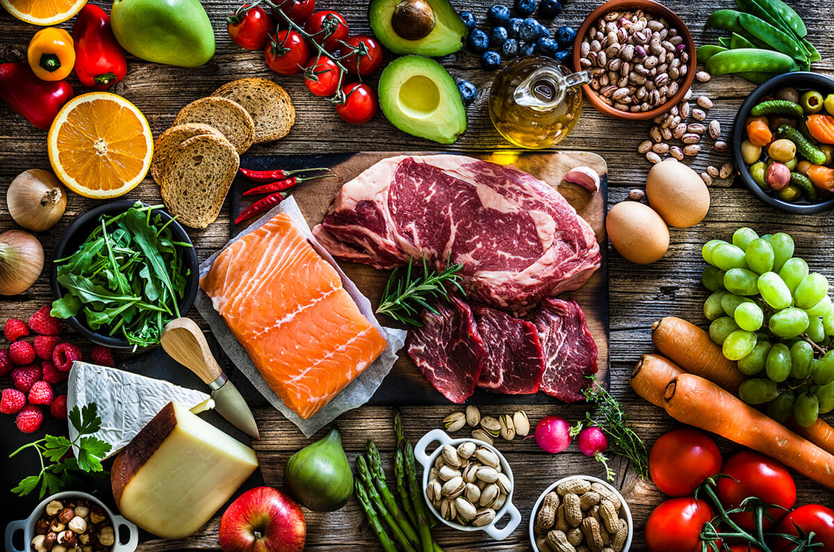 A spread of whole, nutrient-dense foods